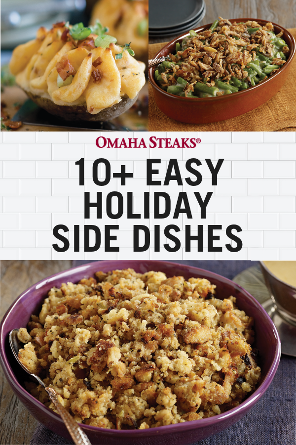 Easy holiday side dishes to serve for your Thanksgiving or Christmas holiday meal. Perfect pre-made side dishes, including potatoes, sweet potatoes, green bean casserole, dressing, and more, that you just reheat in the oven or microwave for a stress-free and delicious holiday meal. #holidaydinner