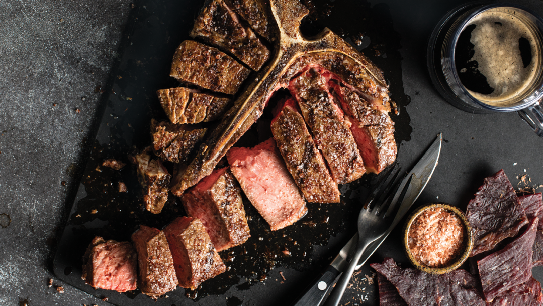 Jerky Encrusted T-Bone Steak Recipe, steak dinner, t-bone steak, jerky
