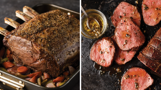 prime rib roast with rosemary and thyme in roasting rack and chateaubriand with butchers butter
