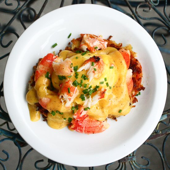 Snow Crab Eggs Benedict with Panko “Fried” Tomatoes and Old Bay Shallot