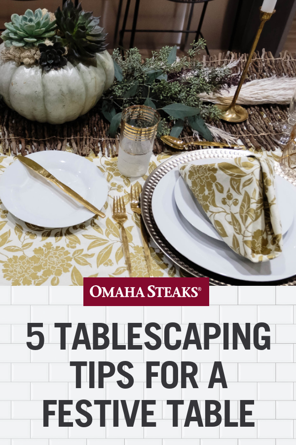 Tablescape with gold and white accents.