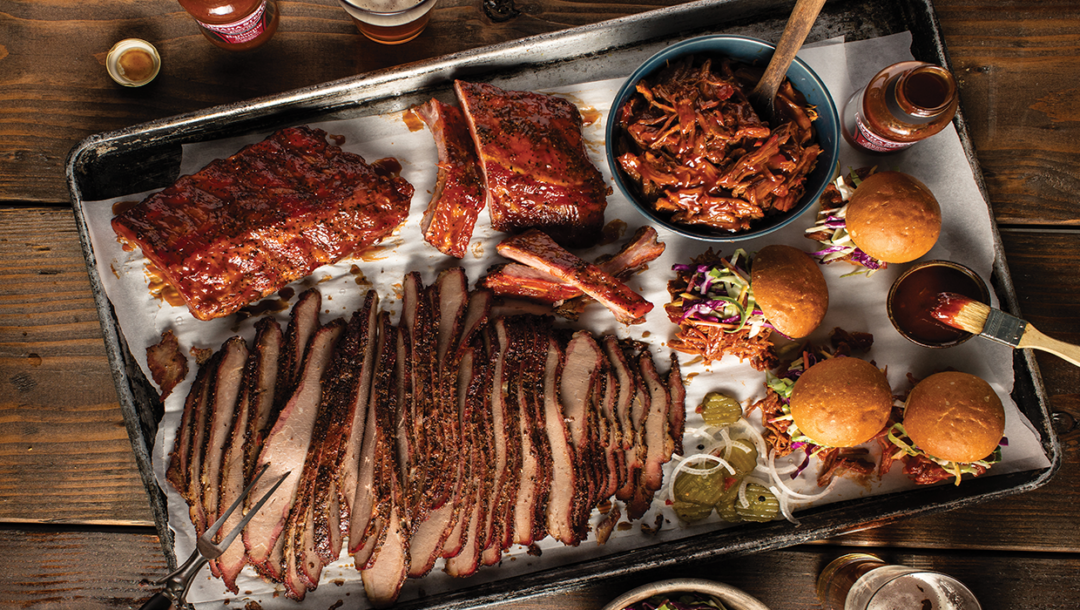 tray of meat - brisket, sliders, ribs