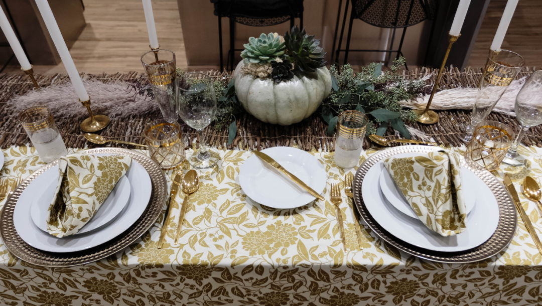 holiday tablescape with gold and white accents