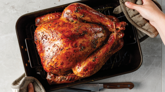 whole basted golden brown turkey in roasting pan