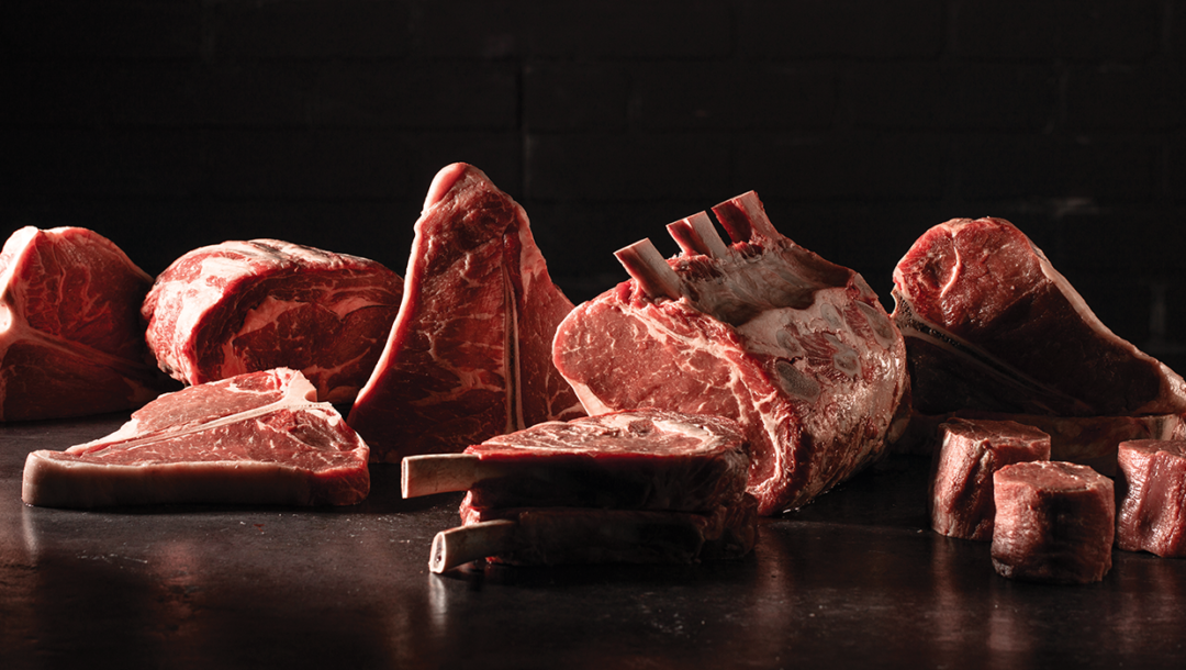 raw whole meat, t-bones, porterhouses, bone-in ribeye and filet mignon