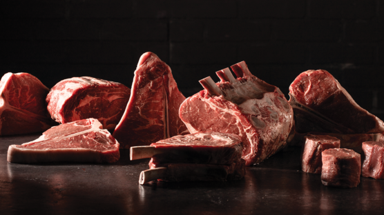 raw whole meat, t-bones, porterhouses, bone-in ribeye and filet mignon
