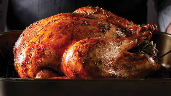 whole golden brown turkey in roasting dish