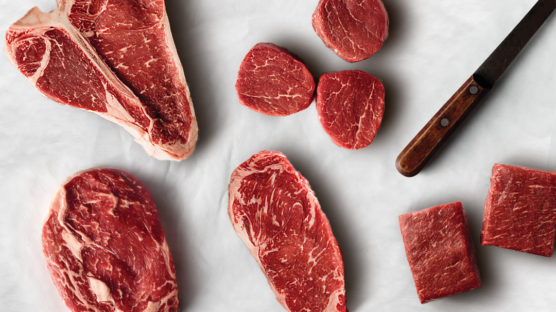 T-bone, ribeye, flat iron, filet mignon, top sirloin on butcher paper