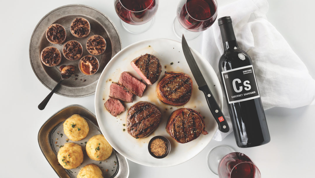 steak dinner with wine