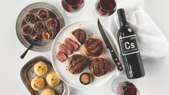 steak dinner with wine
