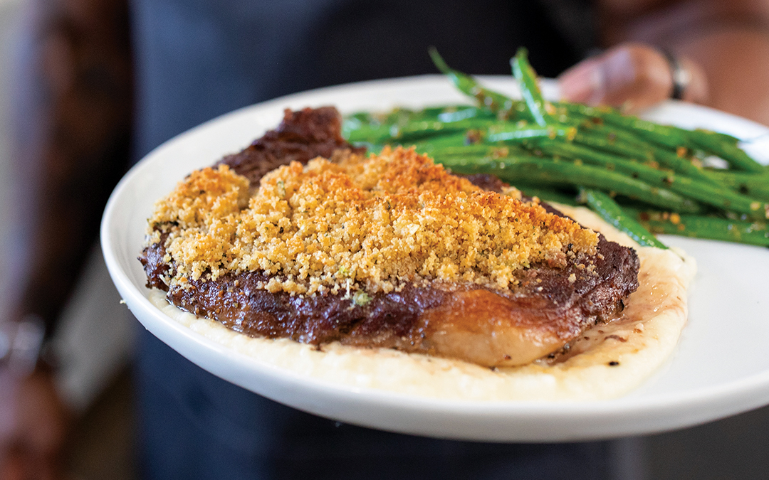 Parmesan-Crusted Ribeye with Garlic Mashed Potato Purée and Wok-Fried Green Beans