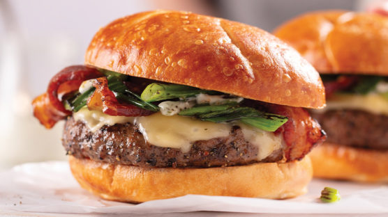 New York strip burgers with cheese, bacon and lettuce
