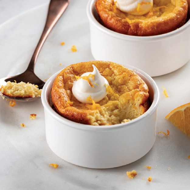 individual oufflé a L’Orange on counter