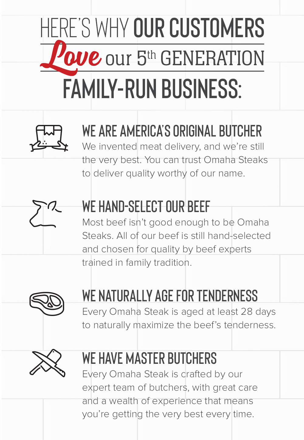 Here's why our customers love our 5th generation family-run business: We are America's Original Butcher - We invented meat delivery, and we're still the very best. You can trust Omaha Steaks to deliver quality worthy of our name. | We Hand-Select our Beef - Most beef isn't good enough to be Omaha Steaks. All of our beef is still hand-selected and chosen for quality by beef experts trained in family tradition. | We Naturally Age for Tenderness - Every Omaha Steak is aged at least 28 days to naturally maximize the beef's tenderness. | We have Master Butchers - Every Omaha Steak is crafted by our expert team of butchers, with great care and a wealth of experience that means you're getting the very best every time.