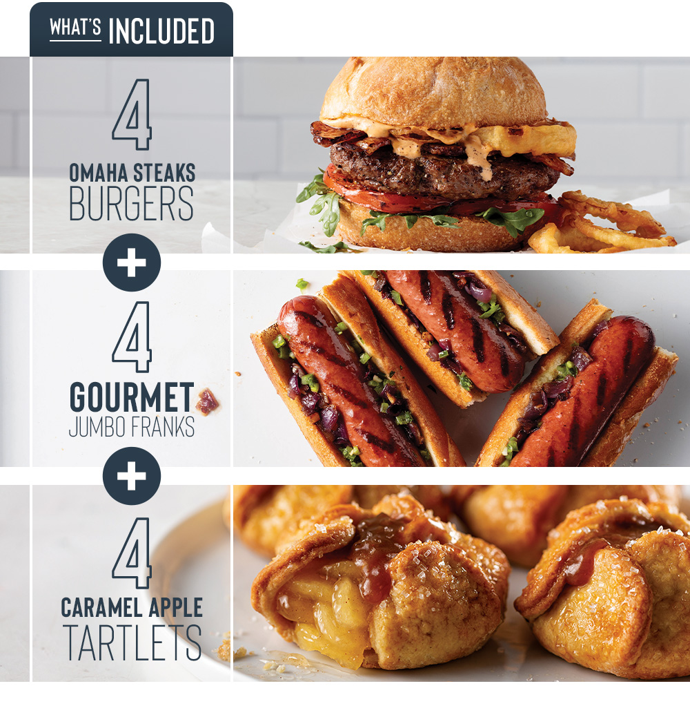 WHAT'S INCLUDED | 4 OMAHA STEAKS BURGERS + 4 GOURMET JUMBO FRANKS + 4 CARAMEL APPLE TARTLETS