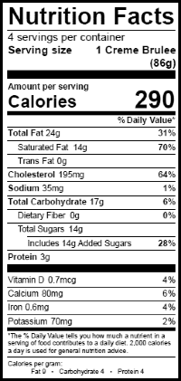 Nutritional Information Creme Brulee Ingredients Heavy Cream Cream Less Than 1 Mono And Diglycerides Carrageenan Half And Half Pasteurized Egg Yolks Sugar Corn Starch Natural Vanilla Flavor Contains Milk Eggs May Contain