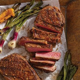 Sweet Smoky Applewood-Rubbed Strip Steaks