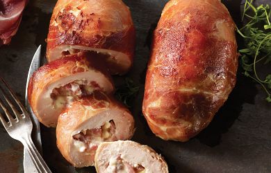 Prosciutto-Wrapped Chicken Cordon Bleu with Mashed Potatoes & Roasted Vegetable Medley