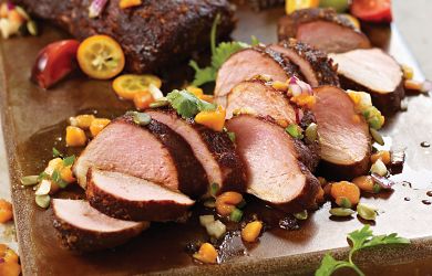 Ancho Chile Rubbed Pork Tenderloins with Fresh Papaya & Pepita Salsa