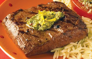 Spicy Lemon Pesto Flat Iron Steaks