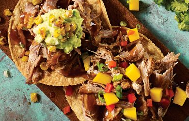 Carnitas Tostadas with Chipotle Mayonnaise and Fresh Mango Salsa