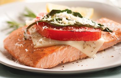 Baked Wild Salmon with Tomato, Mozzarella and Basil