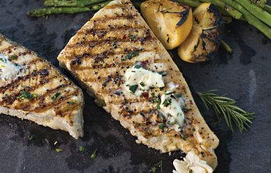 Grilled Halibut with Meyer Lemon Herb Butter