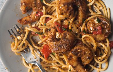 Blackened Shrimp and Vermicelloni Pasta, Roasted Peppers, and Goat Cheese