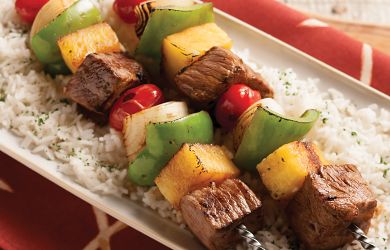 Polynesian Kabobs:Pineapple-Marinated Beef Skewers with Cilantro Rice