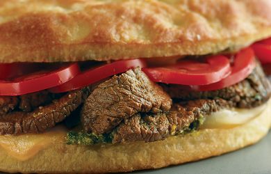 Top Sirloin and Smoked Mozzarella Stuffed Focaccia with Pesto