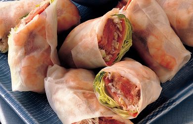 Vietnamese Summer Rolls with Beef, Shrimp, and Peanut Dipping Sauce