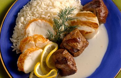 Skewered Surf and Turf with Rice and Roasted Garlic Sauce