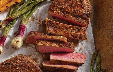 Sweet Smoky Applewood-Rubbed Strip Steaks with Southern Cornbread Stuffing