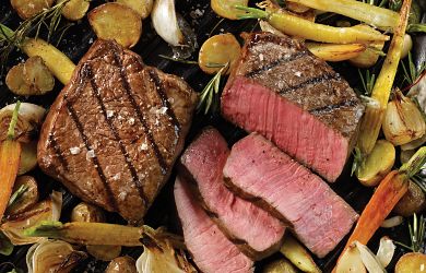 Grilled Top Sirloins with Roasted Root Vegetables
